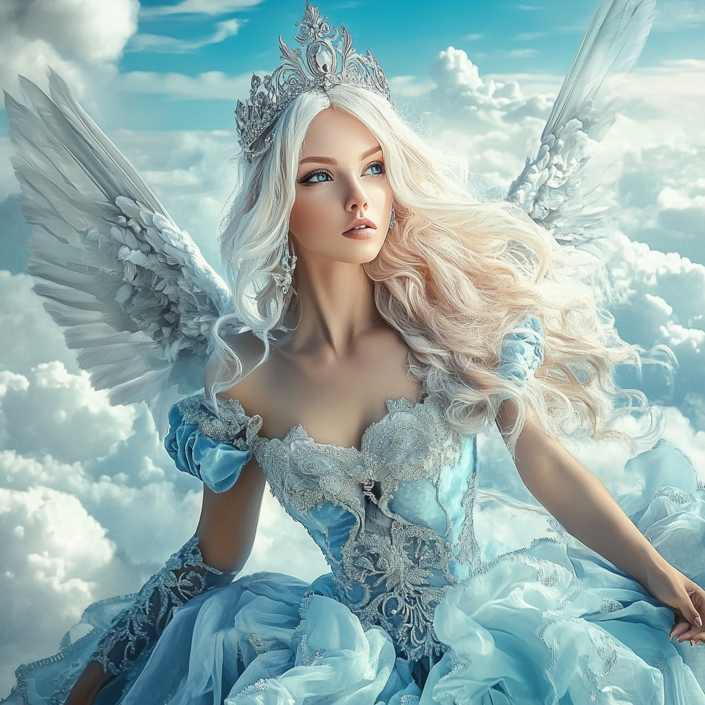 Beautiful female Angel with platinum blonde hair and blue eyes, wearing silver crown and light blue dress, flying in sky with clouds