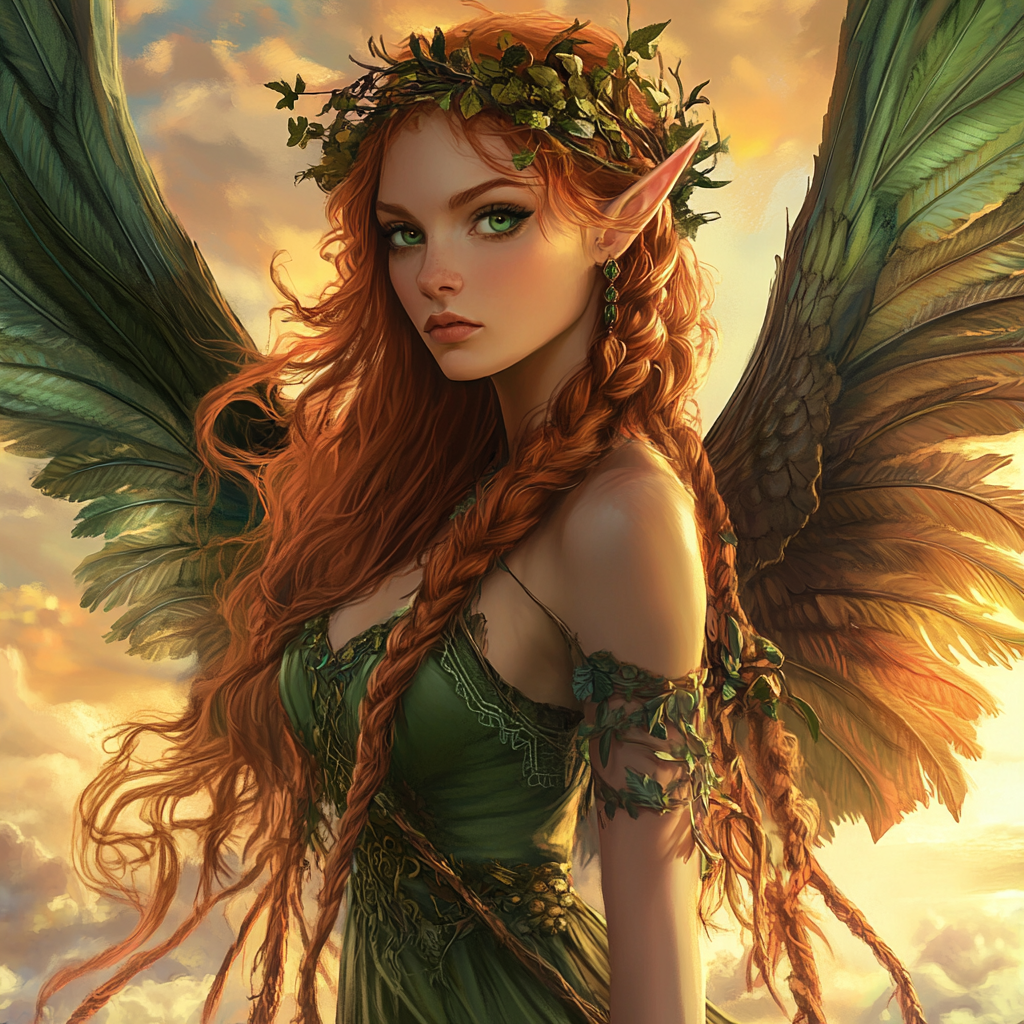 Beautiful female angel with long auburn braided hair peaceful flying sunset evening wings dress vine crown.