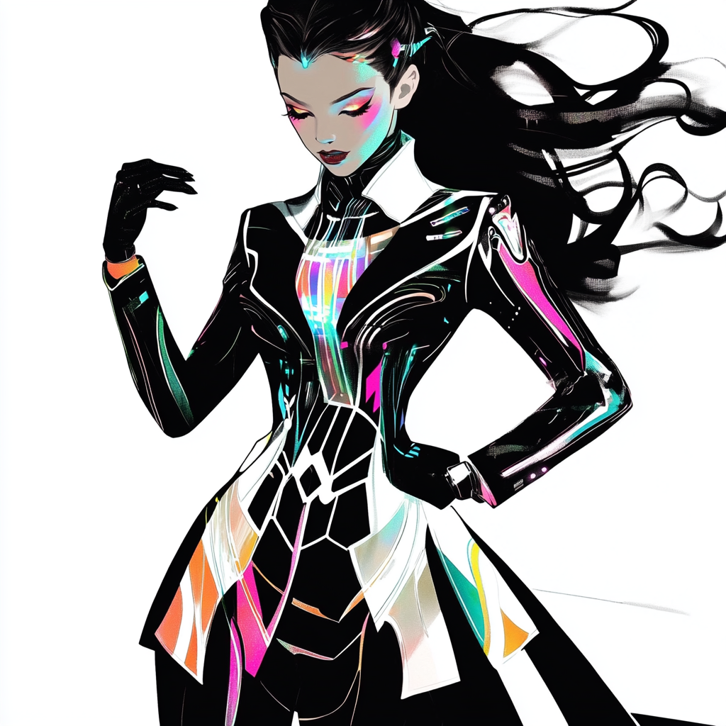 Beautiful female in glowing multi-color suit dress illustration.