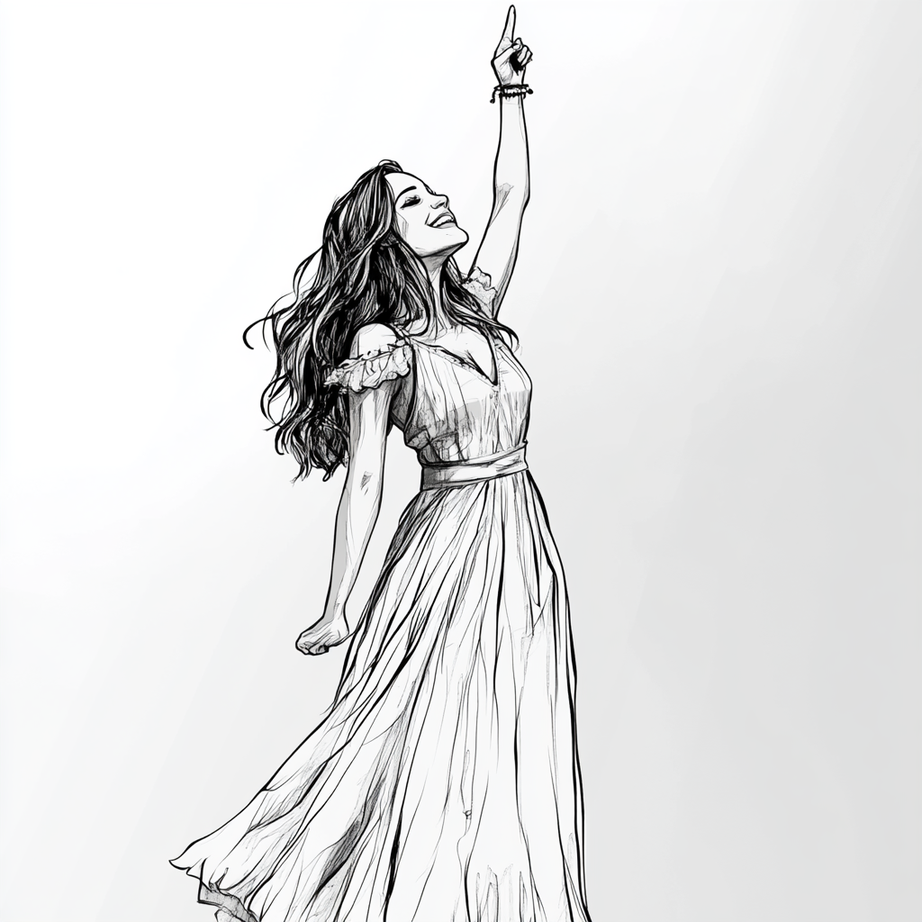 Beautiful female in maxi dress pointing, black-and-white sketch