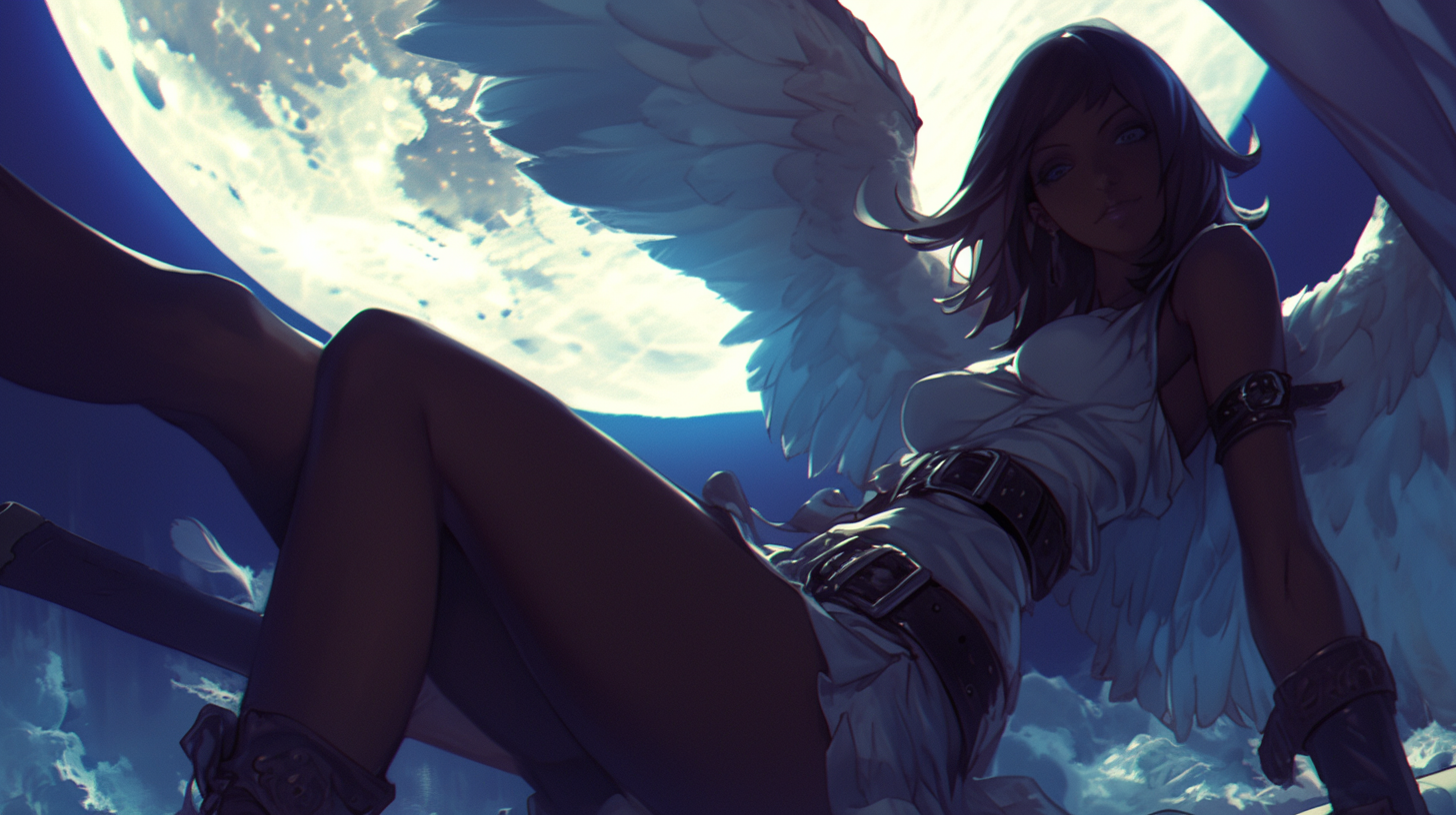 Beautiful female vampire with ivory wings, charming attire.