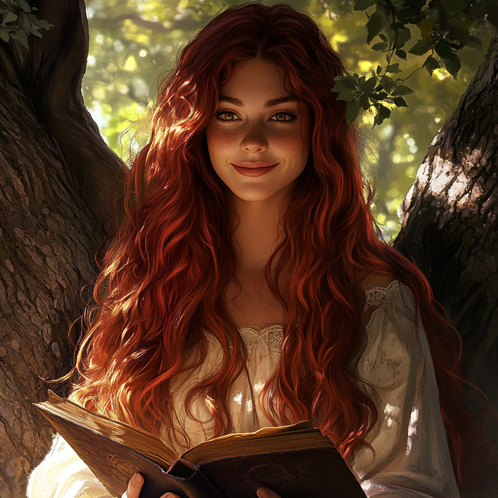 Beautiful female with red hair reading under tree