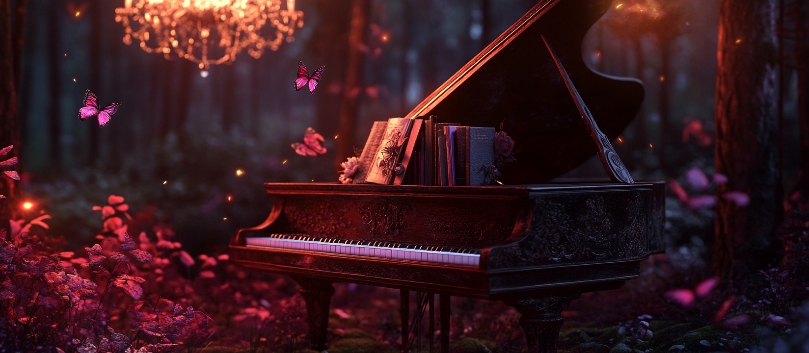 Beautiful forest night scene with piano and books.