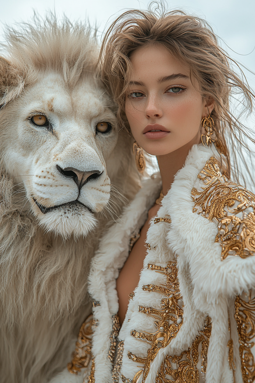 Beautiful futuristic fashion model with white lion, high definition.