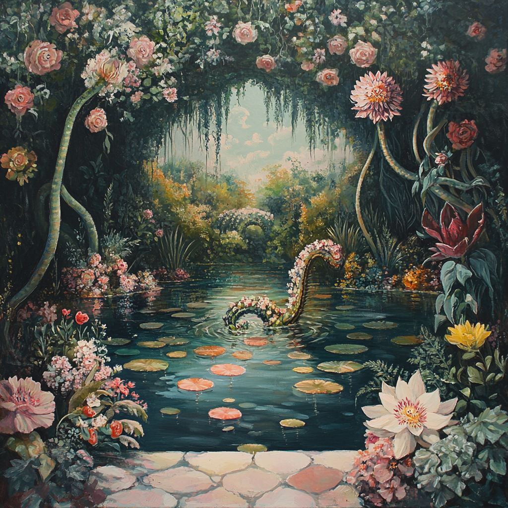 Beautiful garden pond with tentacles and flowers