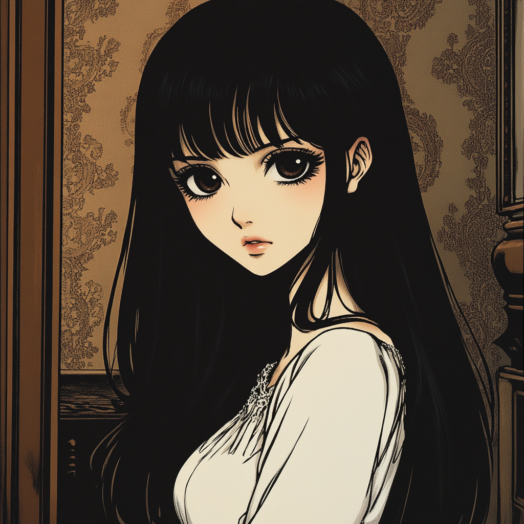 Beautiful girl in anime style with long dark eyes