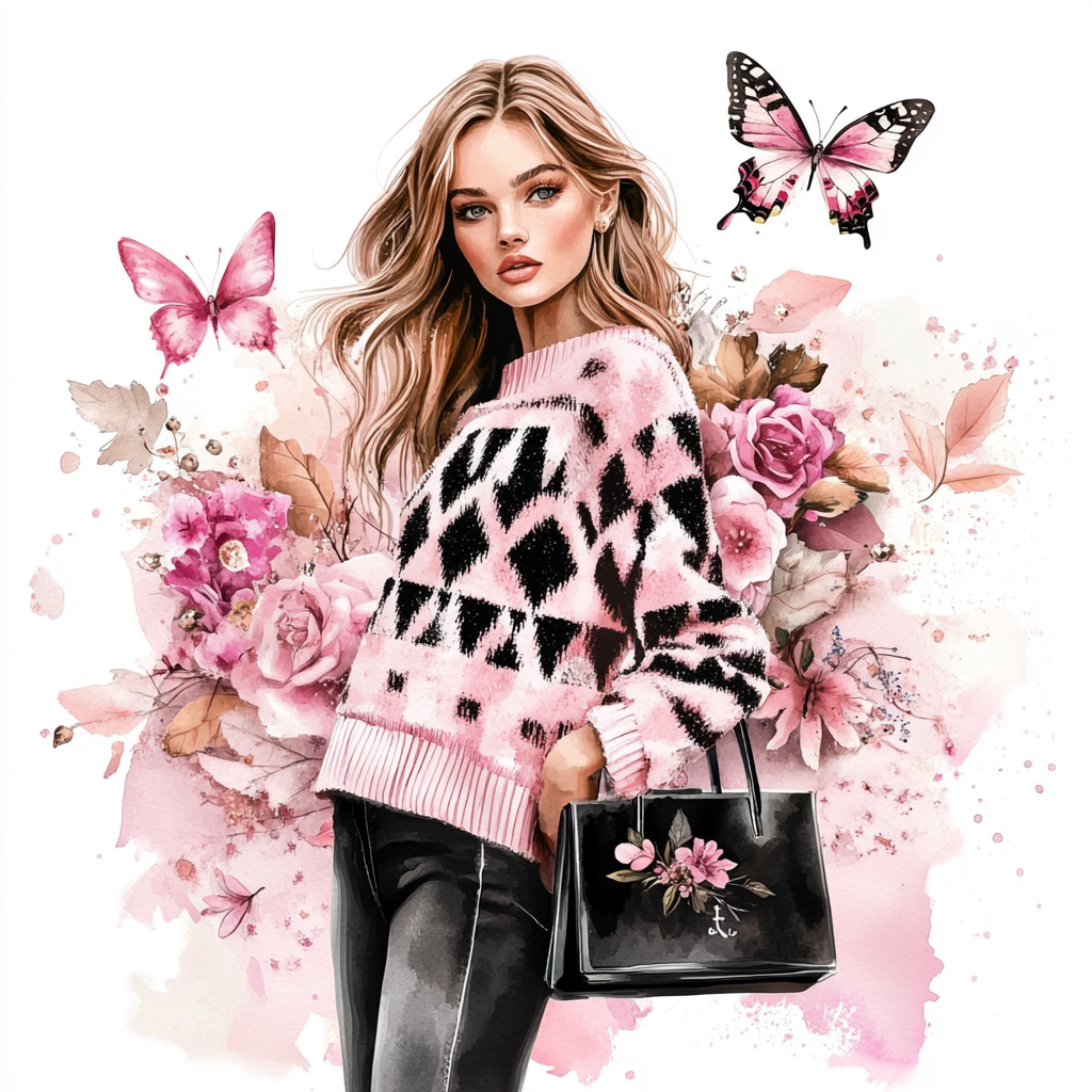 Beautiful girl in cozy sweater with pink butterflies