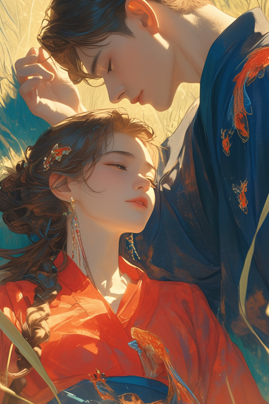 Beautiful girl in orange-red hanfu with goldfish, boy in blue robes, looking lovingly, golden light, close-up portraits.