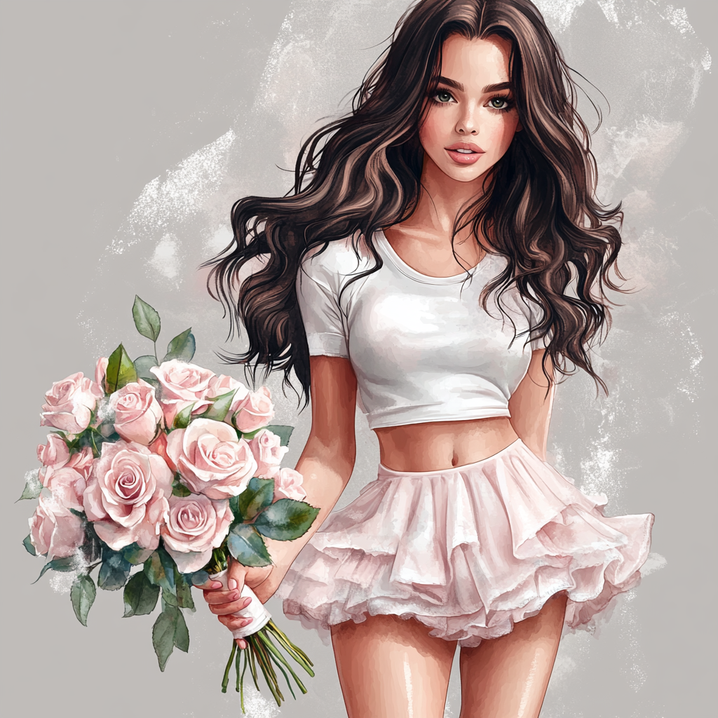 Beautiful girl wearing pink skirt with roses bouquet