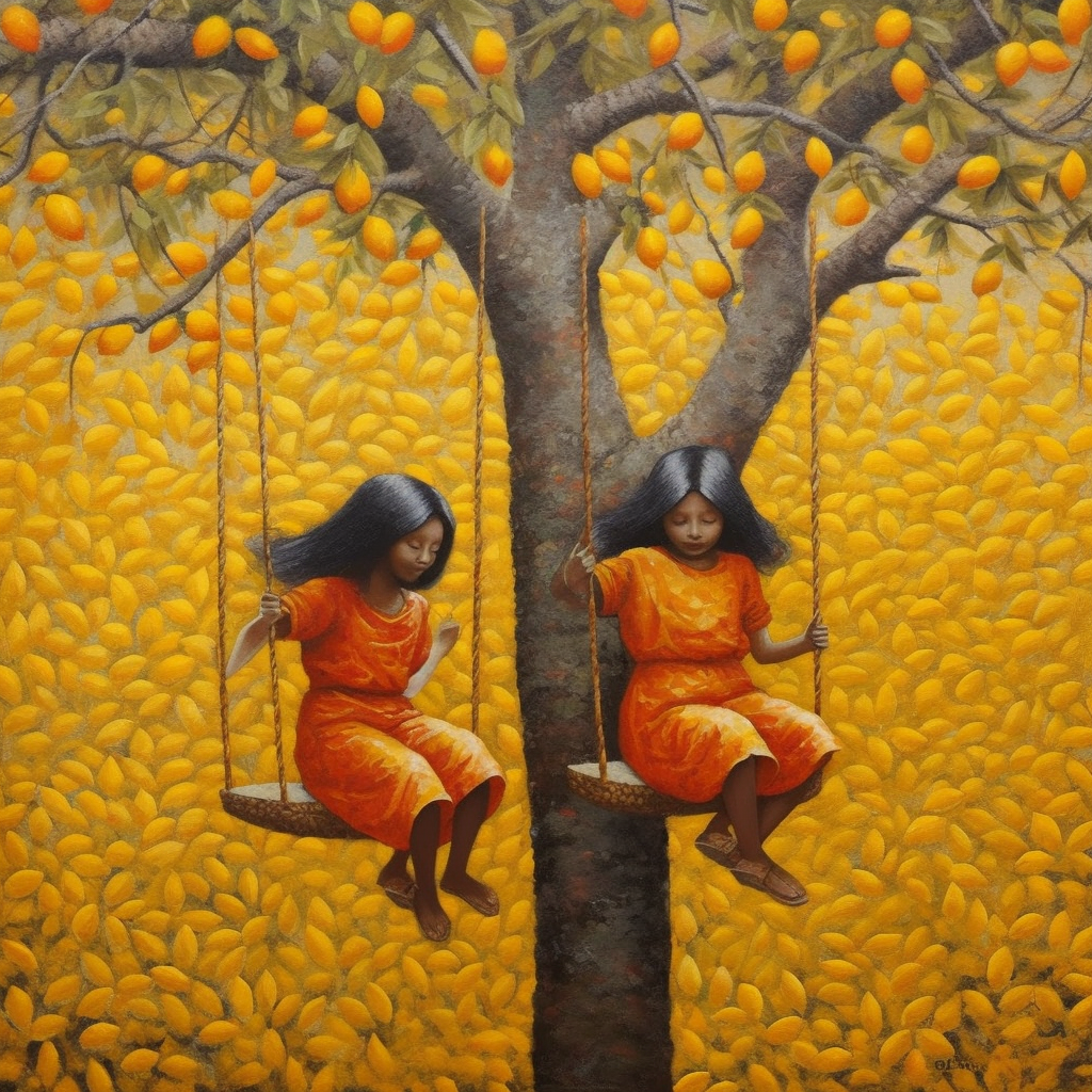 Beautiful girls swinging from mango tree in colorful oil Painting