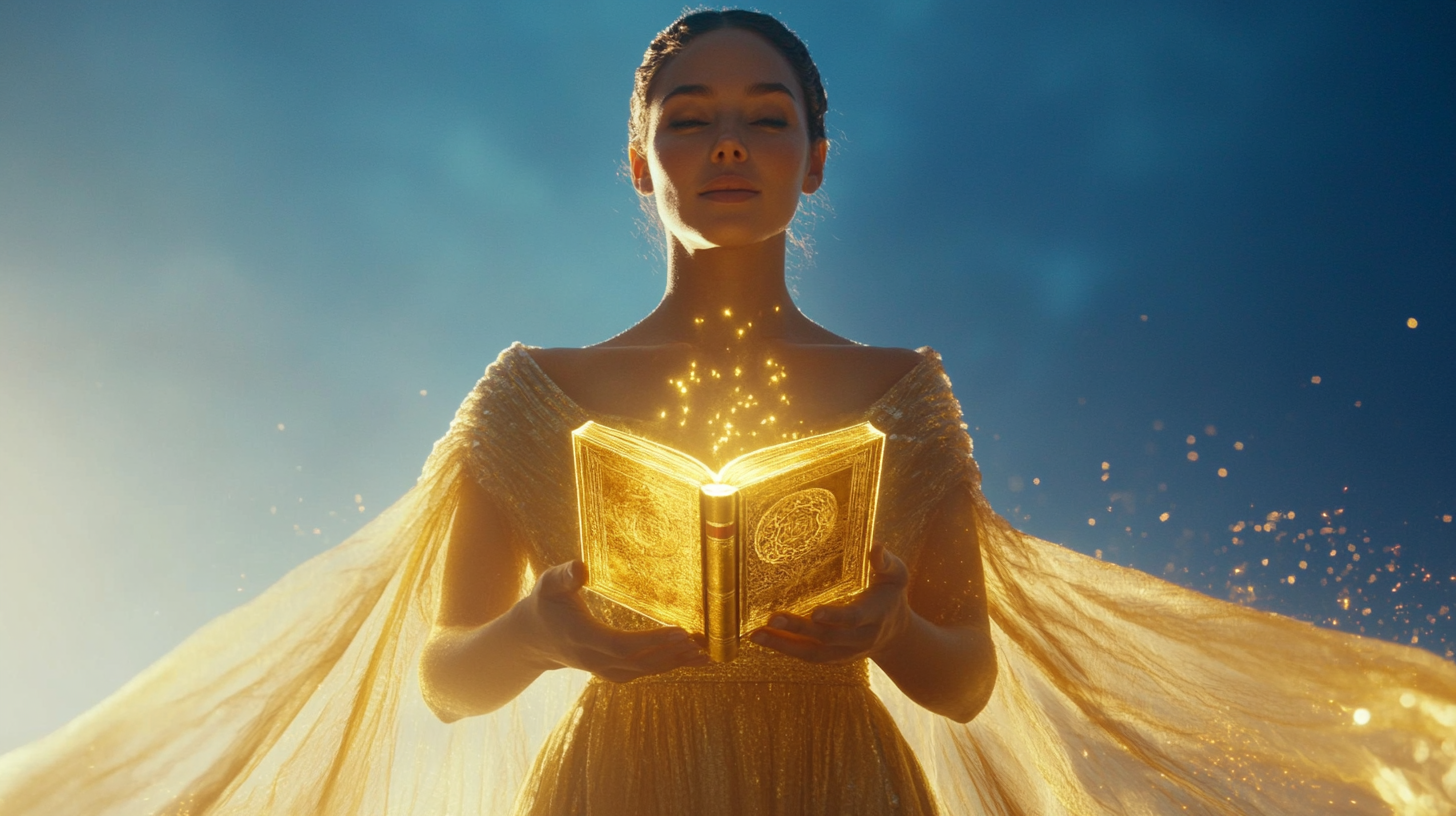 Beautiful goddess Abundantia offers golden-covered book with kindness.