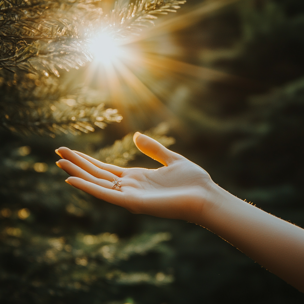 Beautiful hand with fantasy ring in nature photoshoot.