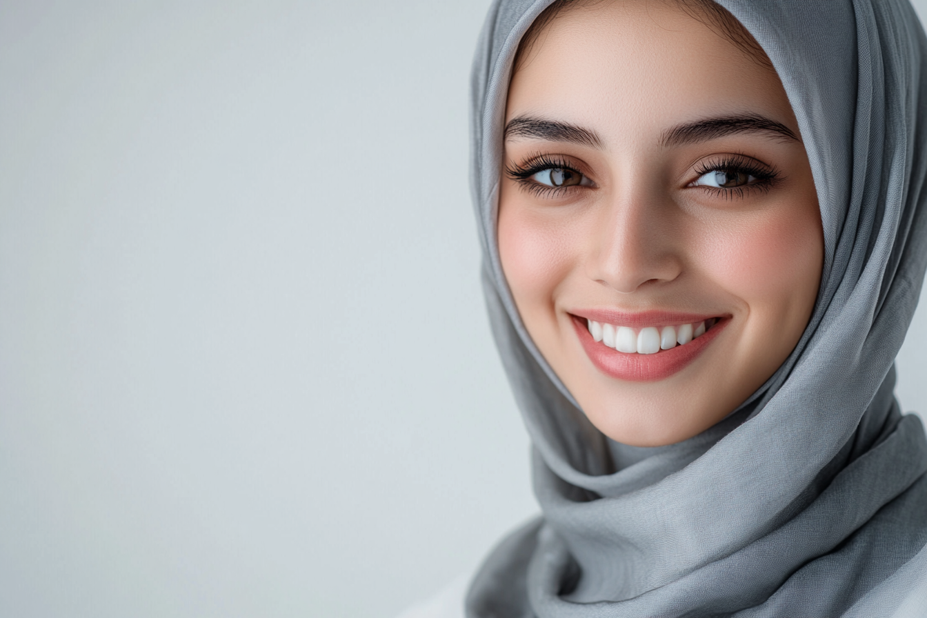 Beautiful hijabi woman in grey scarf, smiling at camera.