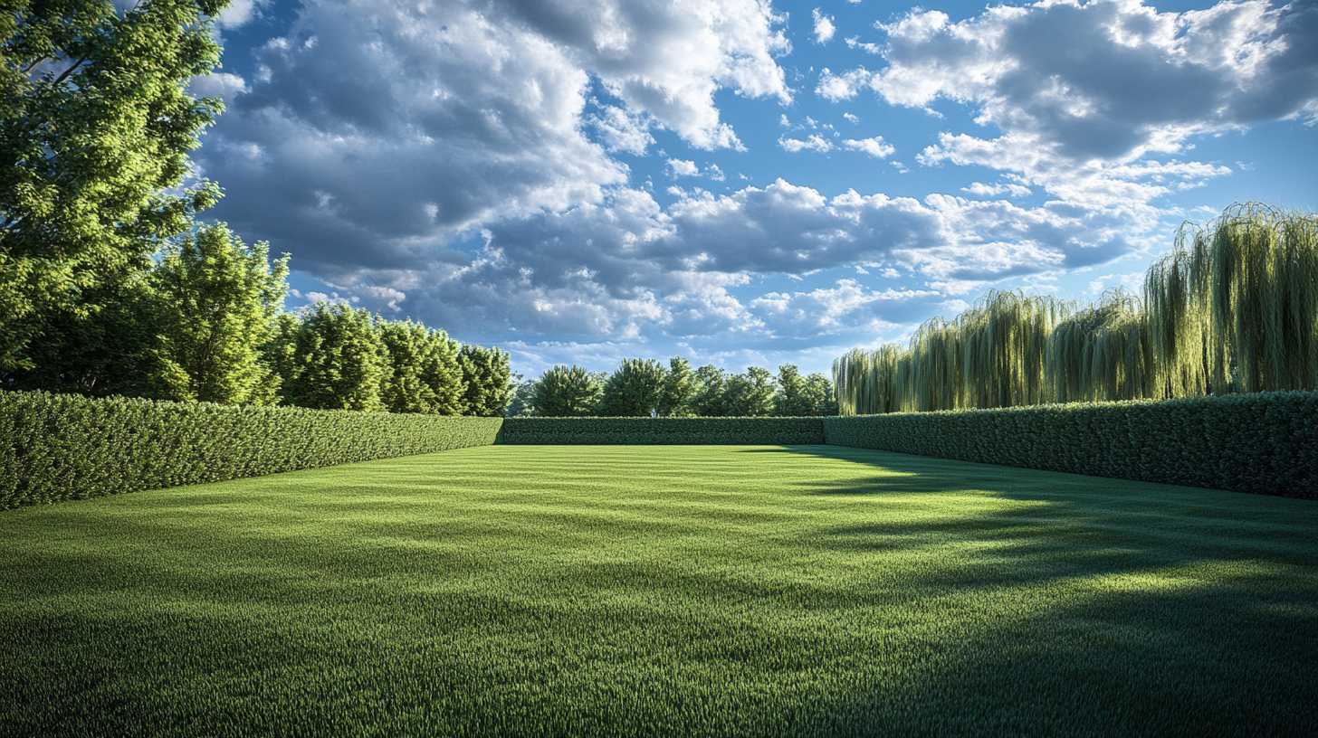 Beautiful lawn with hedges, clouds, and willows.