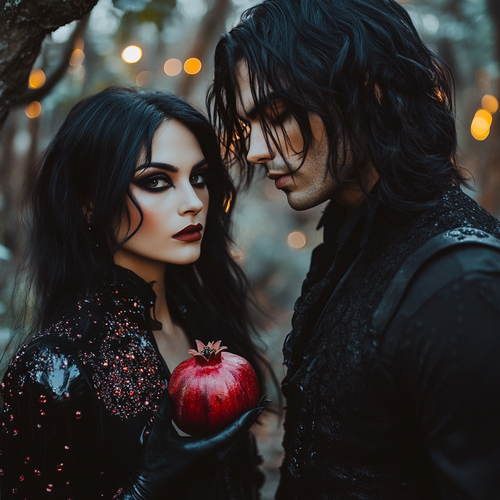 Beautiful man and woman in gothic clothing at night.