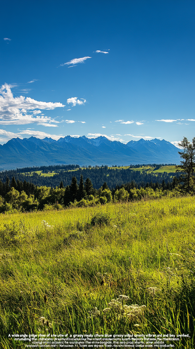 Beautiful meadow with green forests, mountains, and blue sky.