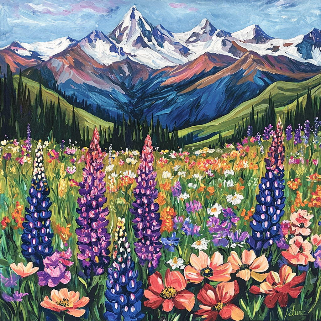 Beautiful mountains and colorful flowers with bold brushstrokes.