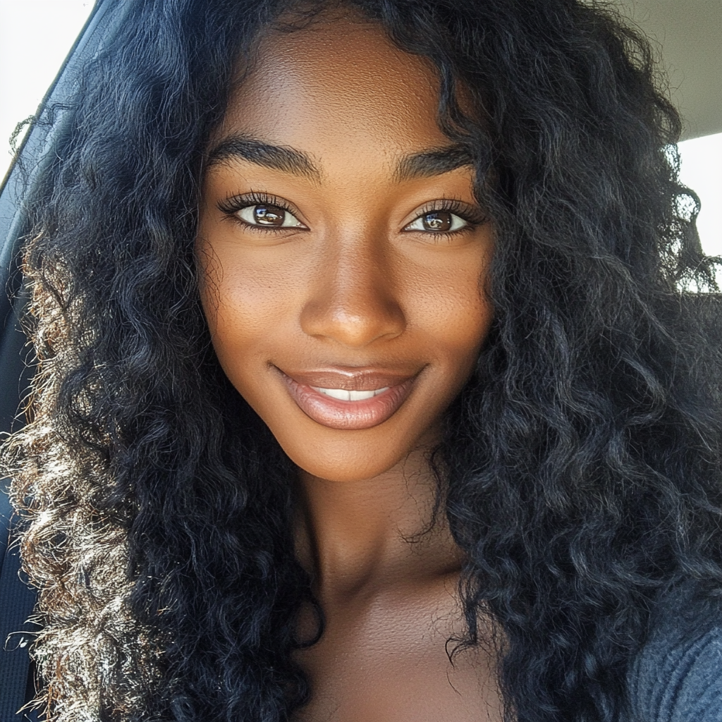 Beautiful natural black woman with rich dark skin, curly hair.