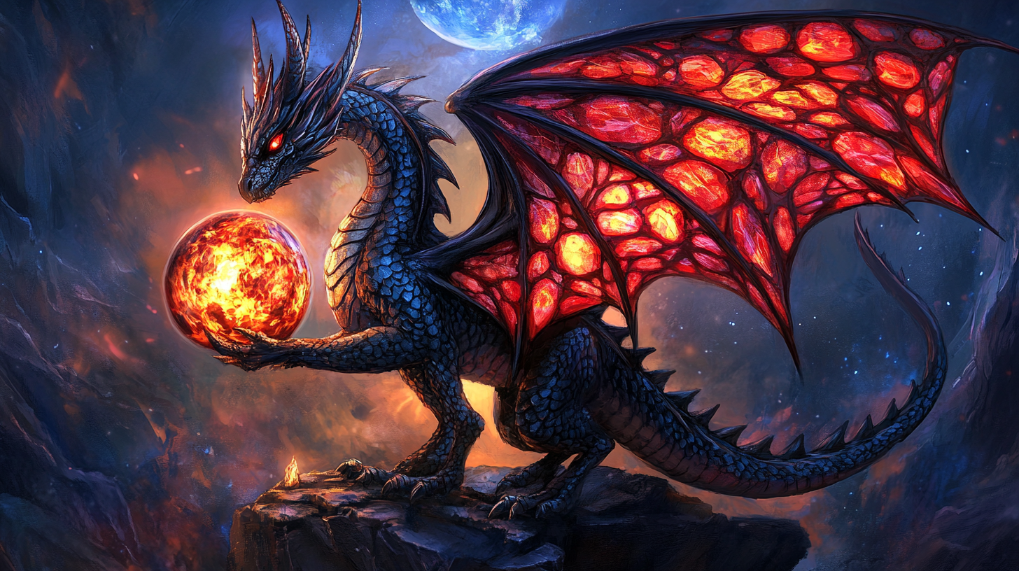 Beautiful navy dragon with red glass wings, holding fire globe.