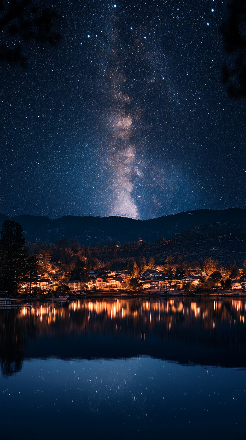 Beautiful night sky full of stars over California lake city.