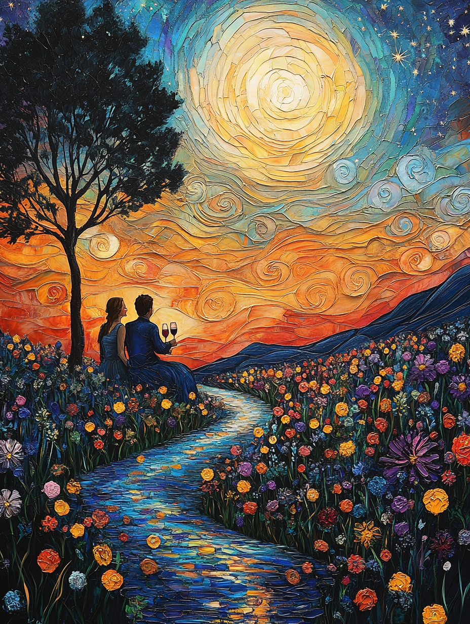 Beautiful night sky painting with stained glass style, flowers.