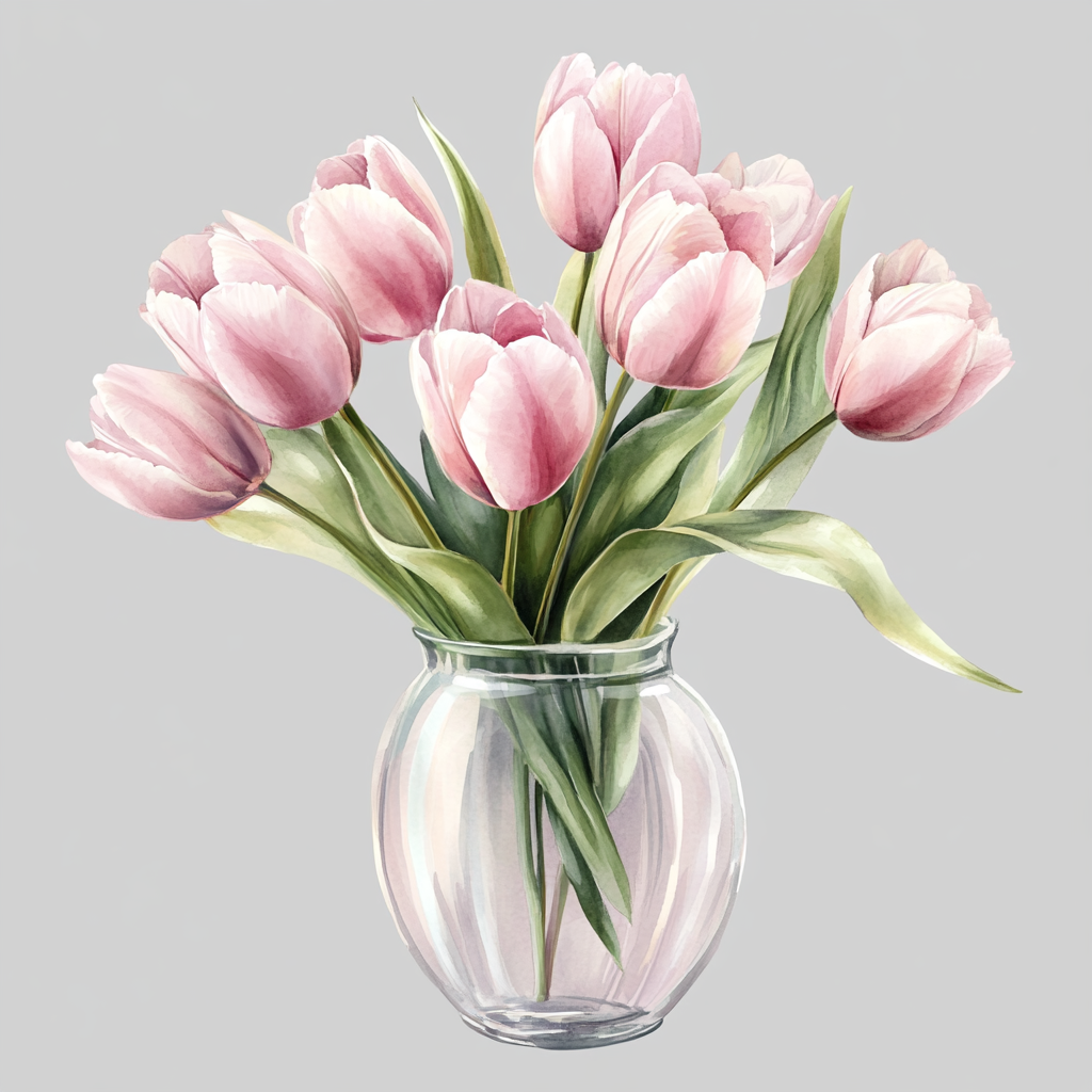 Beautiful pink tulips in glass vase watercolor clipart