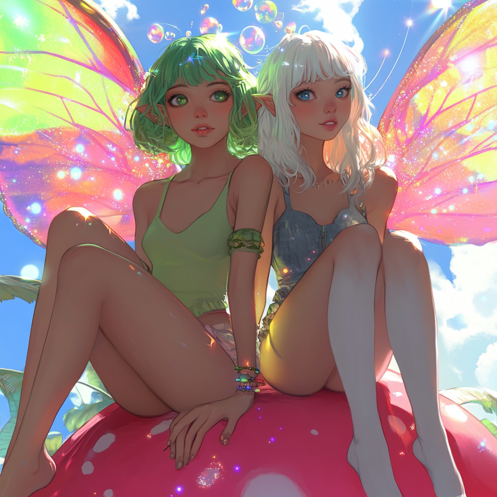 Beautiful pixie women sitting on pink toadstool with wings.