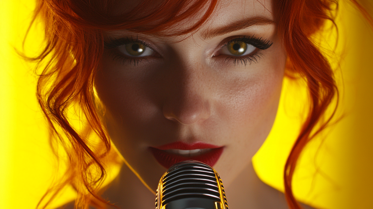 Beautiful red-haired woman singing on yellow backdrop.