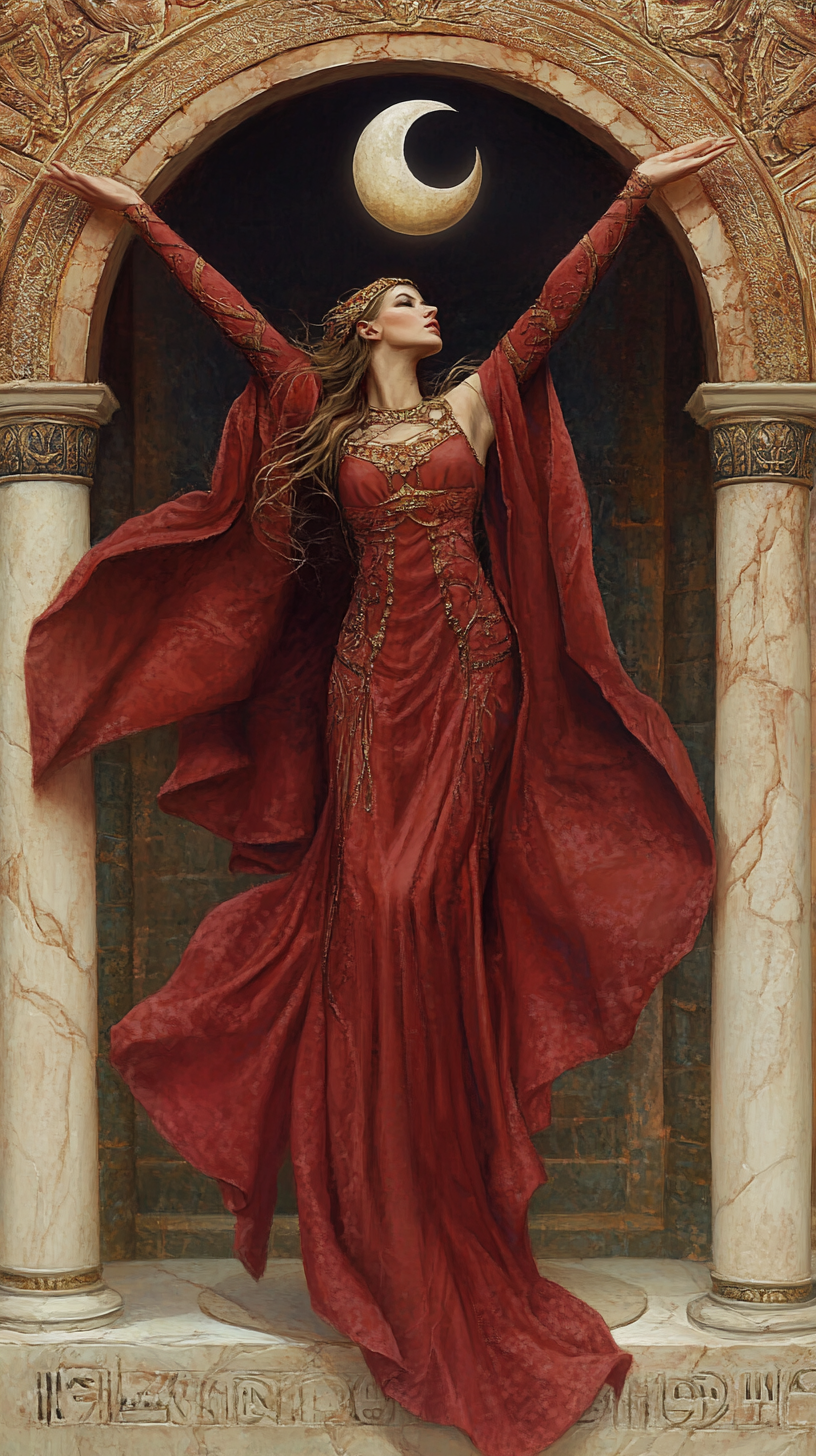 Beautiful red high priestess in dynamic pose with moon croissant at feet.