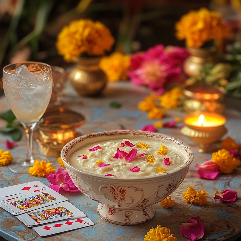 Beautiful rose petal dessert with cocktail and props