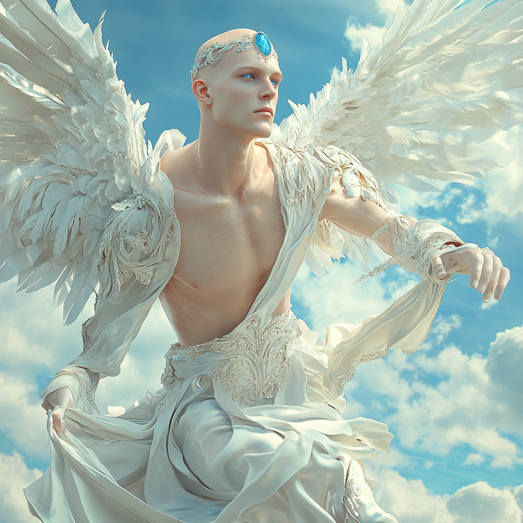 Beautiful skinny bald Angel with blue eyes flying high in sky.