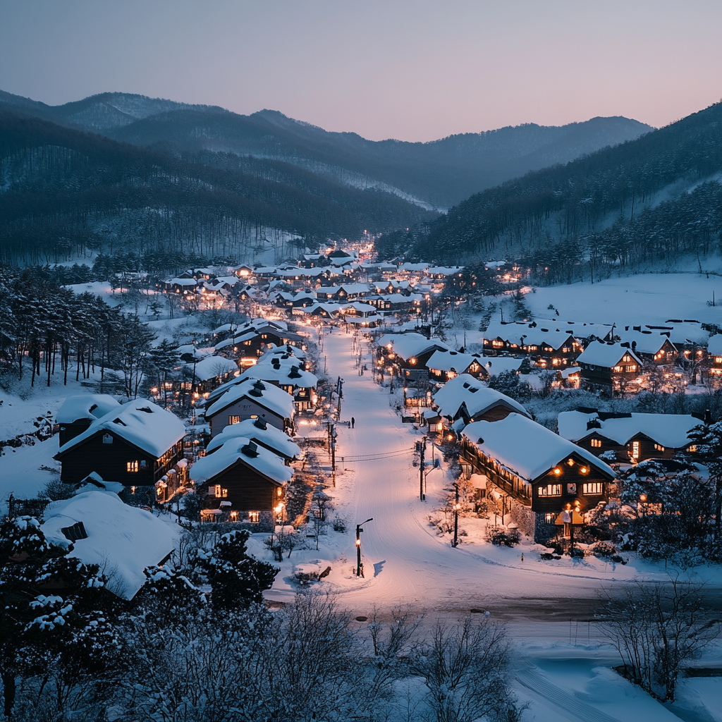 Beautiful snowy village at dusk with mountain view