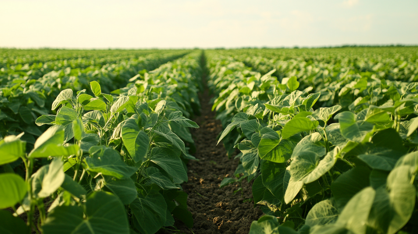 Beautiful soybean plantation, full and growing, sunny day.