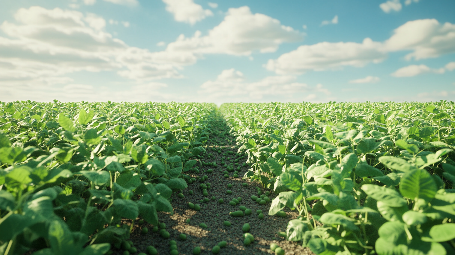 Beautiful soybean plantation, full and growing, symmetrical, realistic.