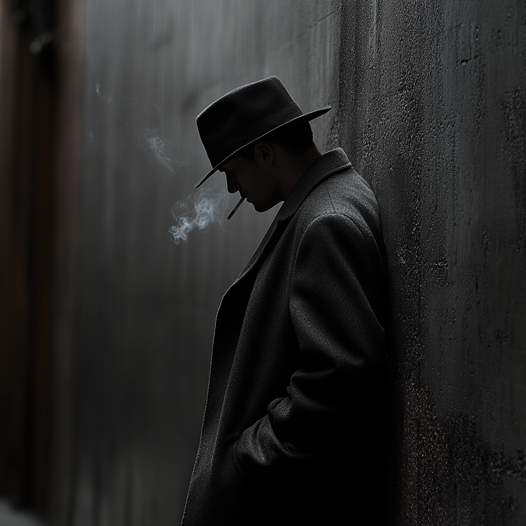 Beautiful spy leans against wall, smokes cigarette, watches.