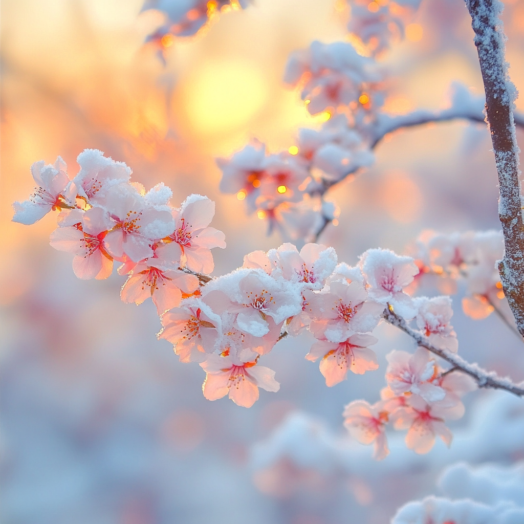 Beautiful sunset over snow-covered cherry blossoms.