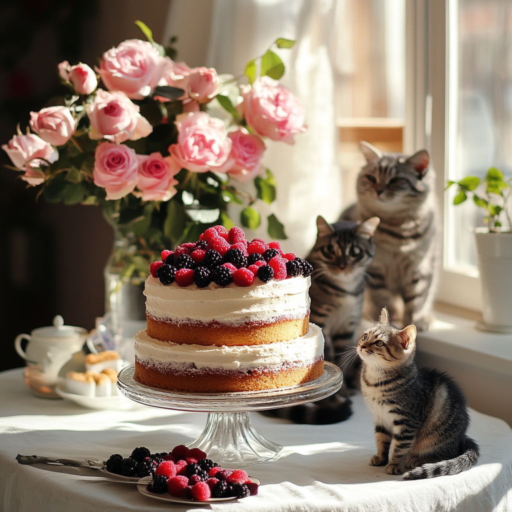 Beautiful three-tiered cake surrounded by cats and flowers