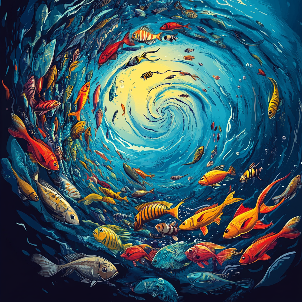 Beautiful underwater scene with vibrant fish and vortex.