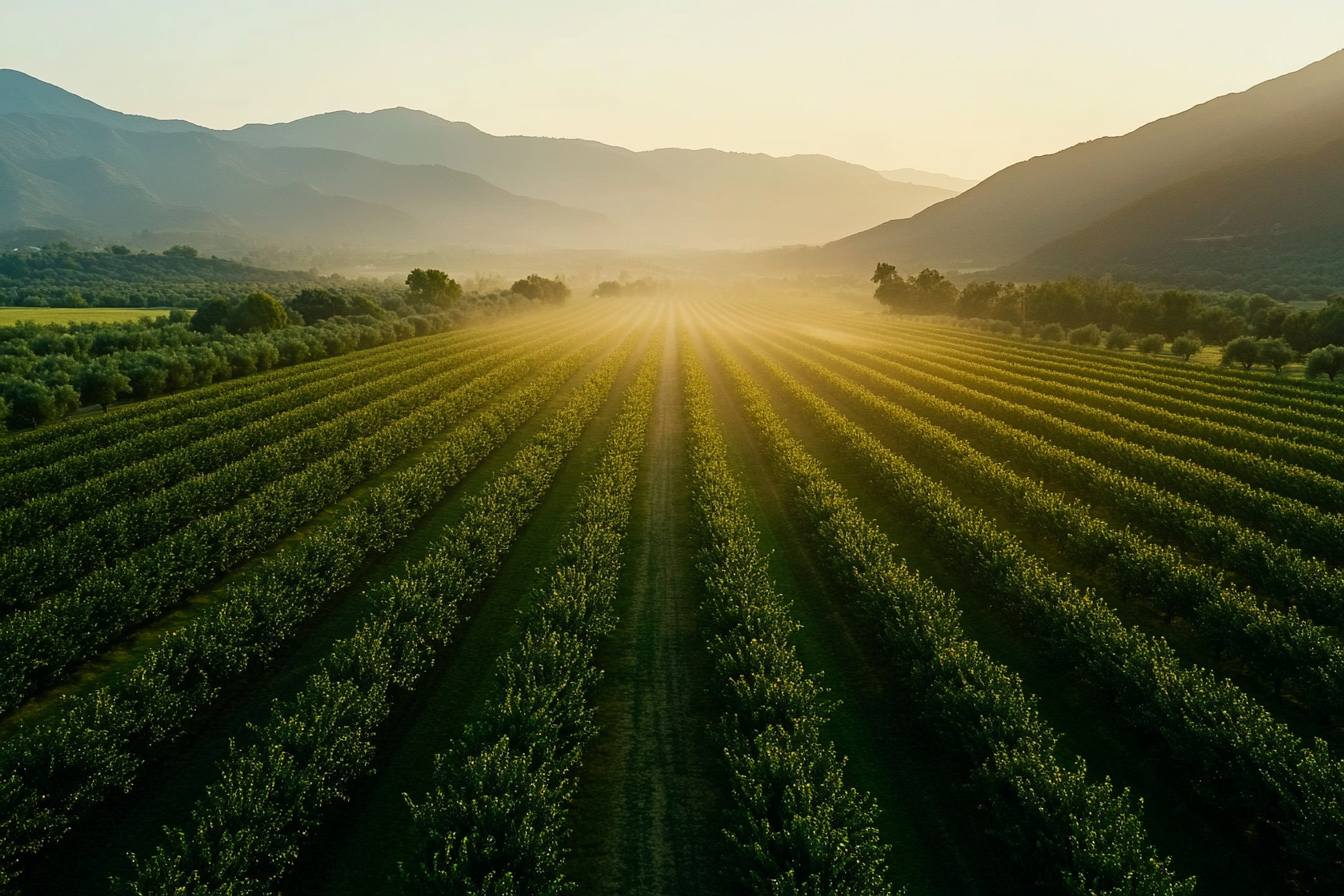 Beautiful view of apple orchards with mountains in background