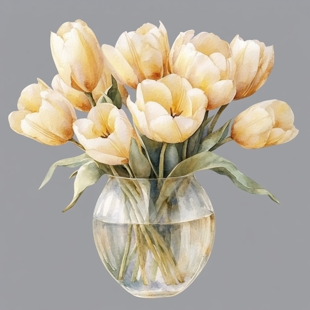 Beautiful watercolor bouquet of pastel yellow tulips in vase