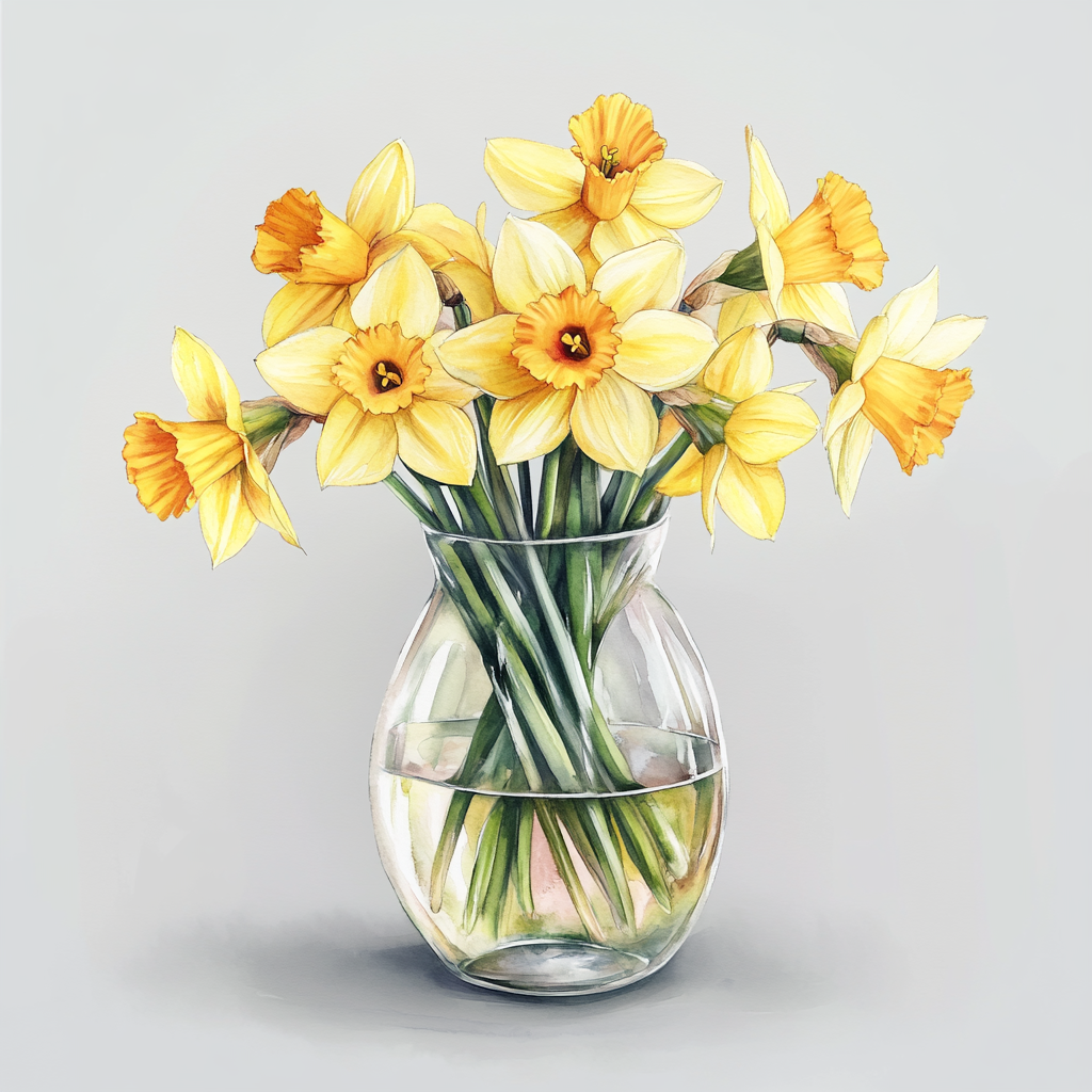 Beautiful watercolor daffodils in glass vase illustration