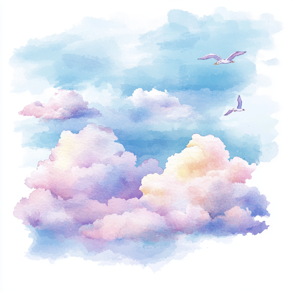 Beautiful watercolor sky with clouds like Beatrix Potter.