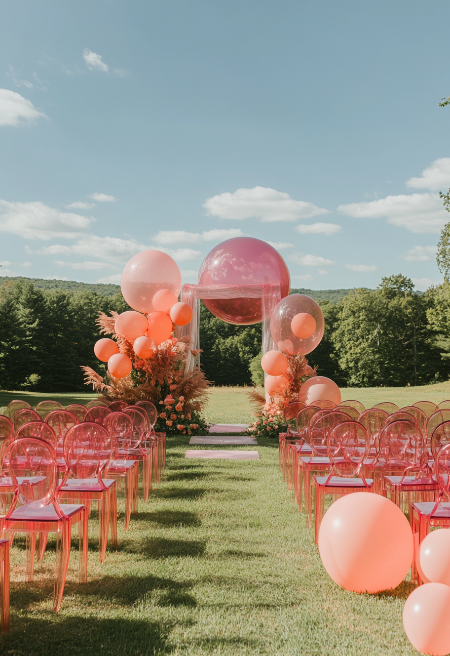 Beautiful wedding ceremony with pink balloons and maroon decor