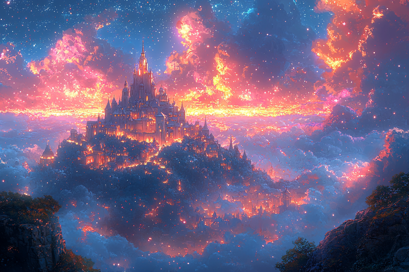 Beautiful white castle in sparkly night sky, hand-drawn anime.