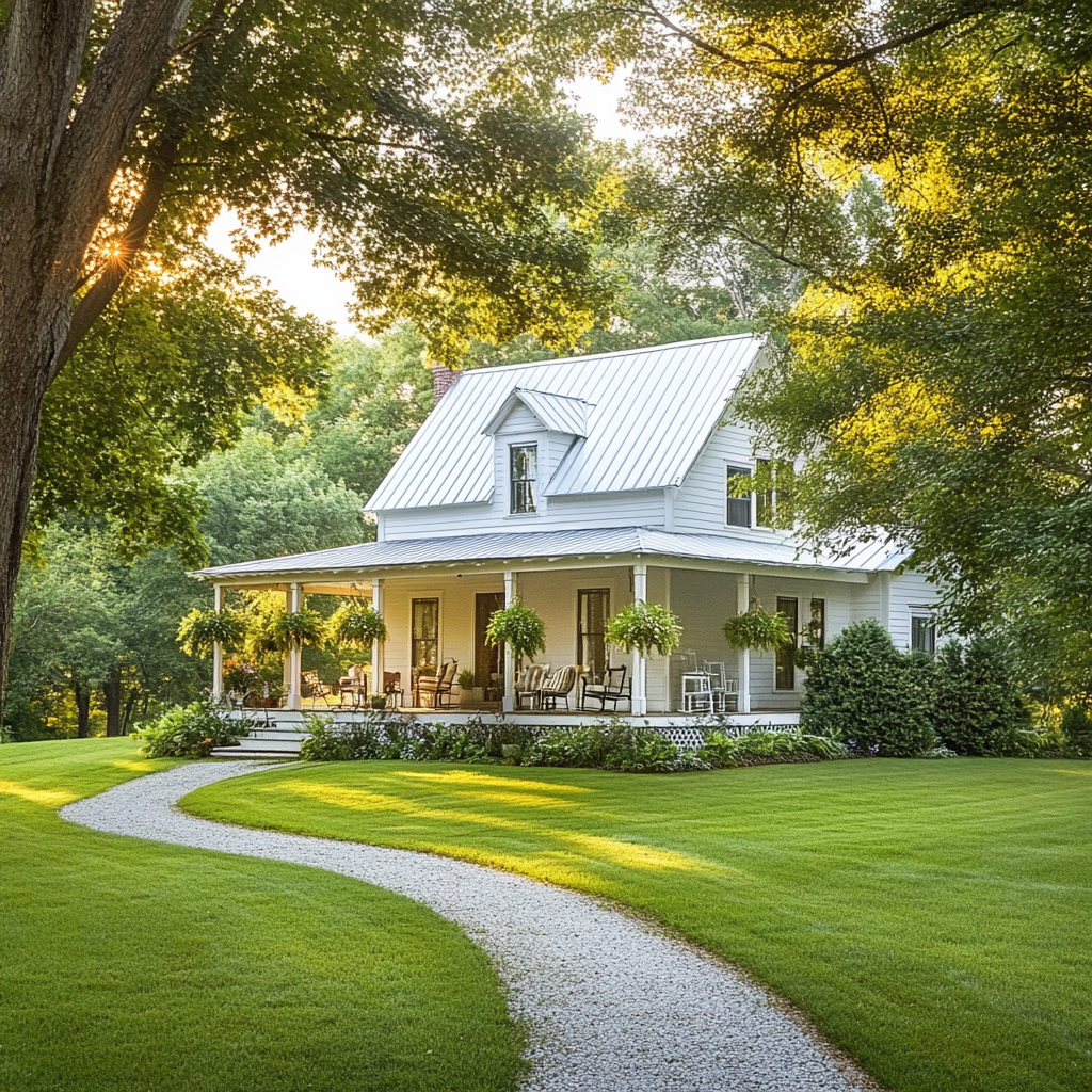 Beautiful white farmhouse in serene rural setting, surrounded by trees.