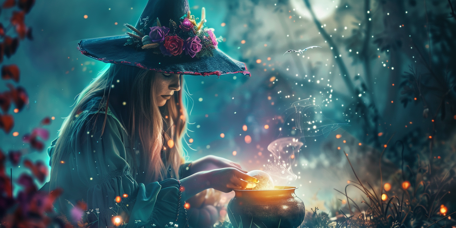 Beautiful witch making magic potion in forest at night.