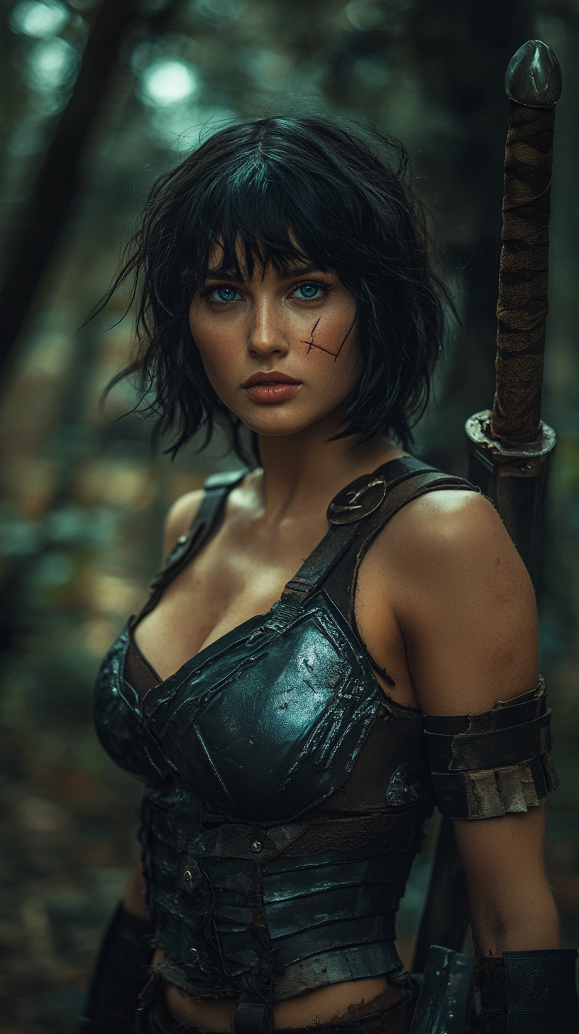 Beautiful woman in Conan-style outfit, warrior in forest.