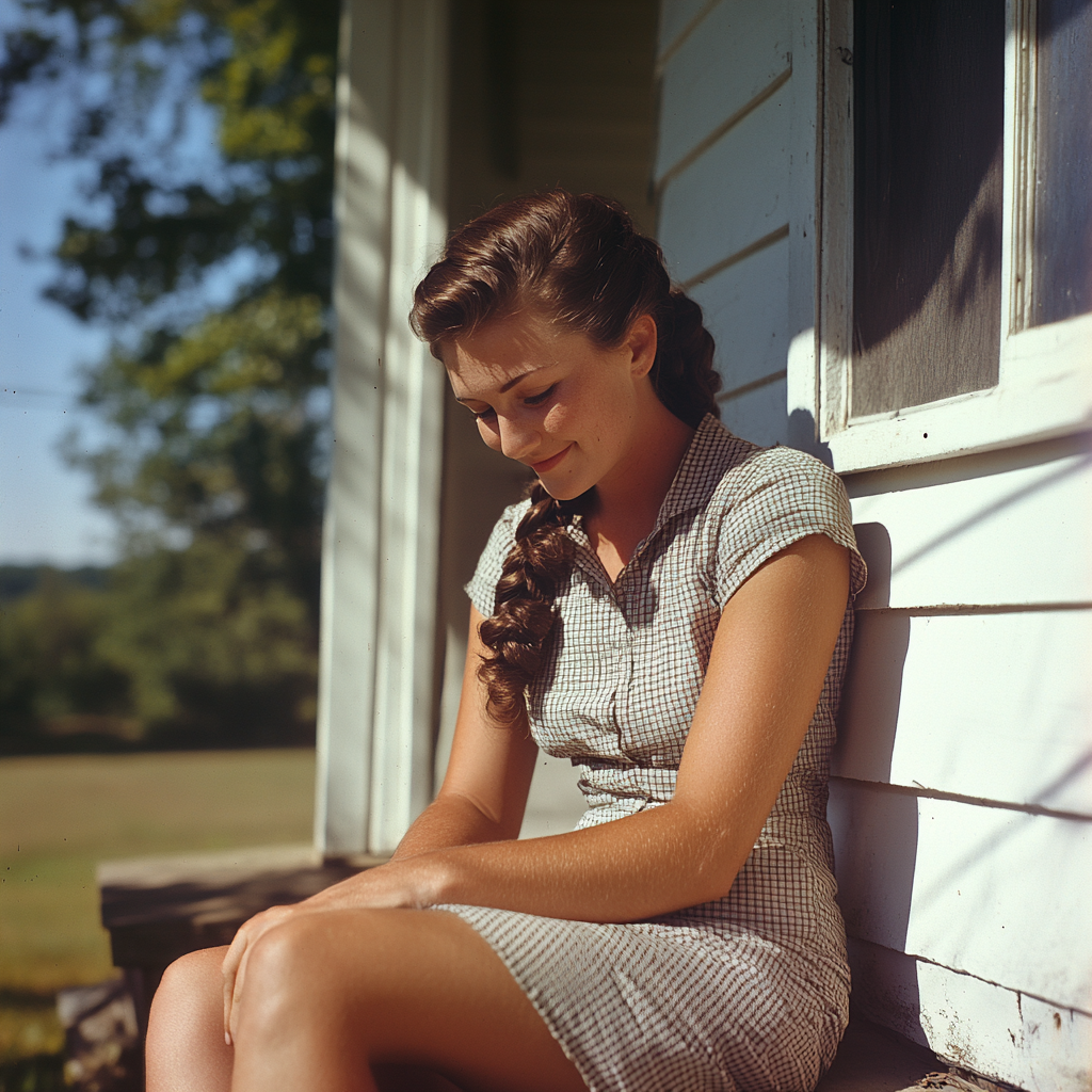 Beautiful woman in Kentucky smiling on porch steps.