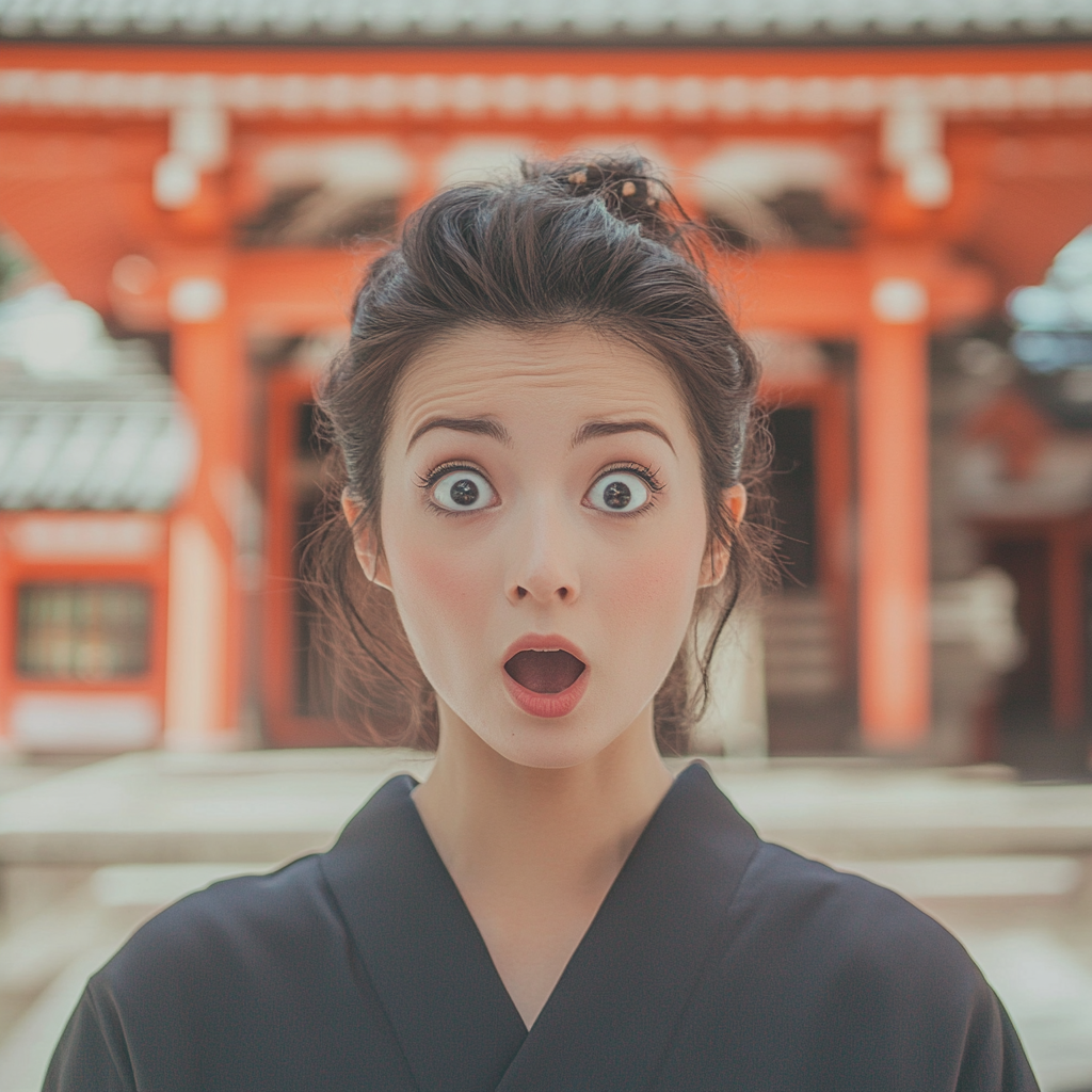 Beautiful woman in black kimono looking shocked at camera.