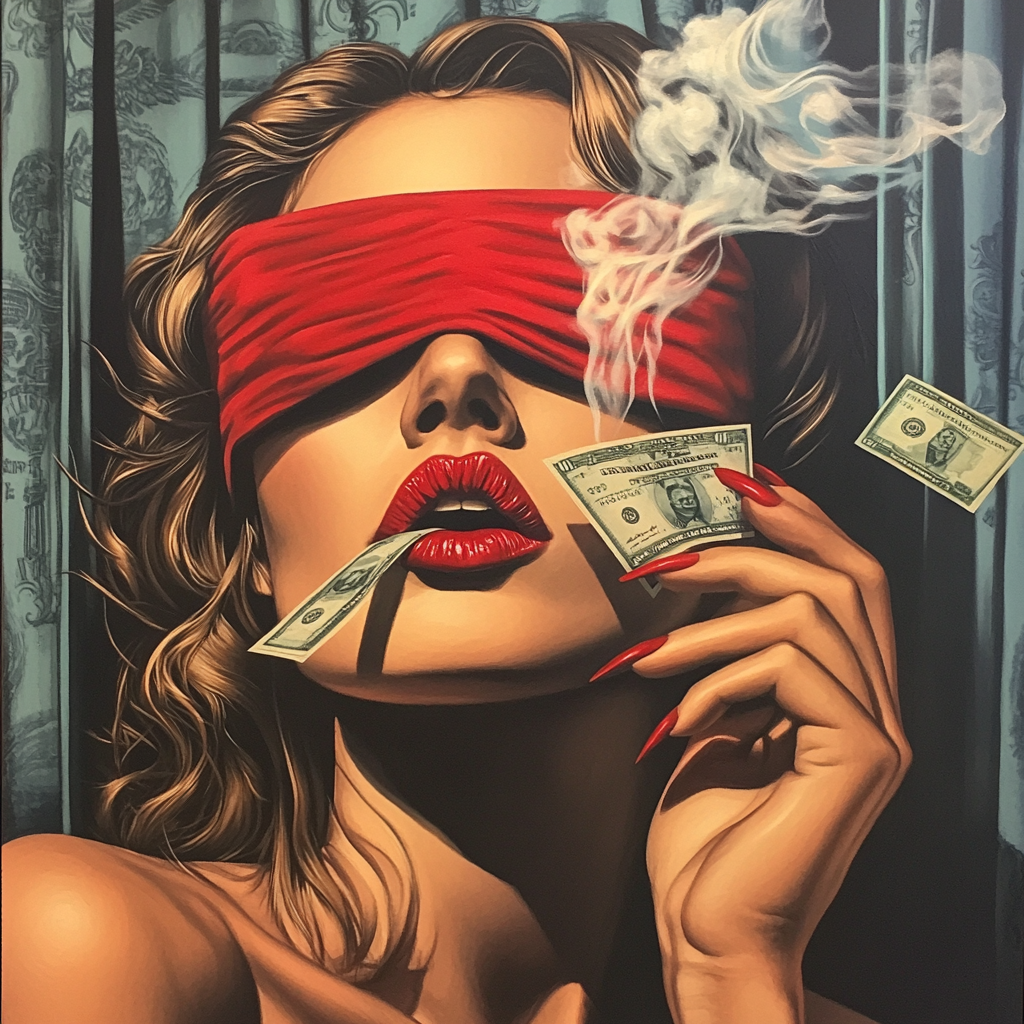 Beautiful woman in blindfold smoking cannabis with money flying out window